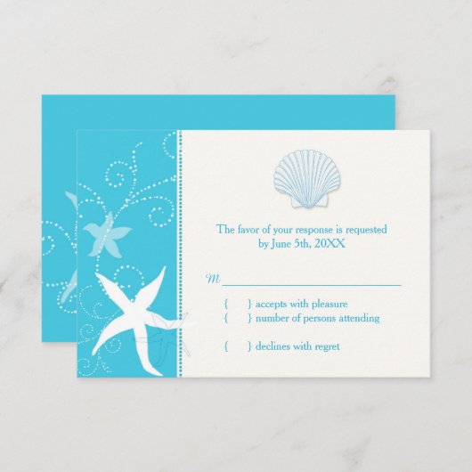 Malibu Blue Zee Shell Starfish Beach Wedding RSVP (Voorkant / Achterkant)