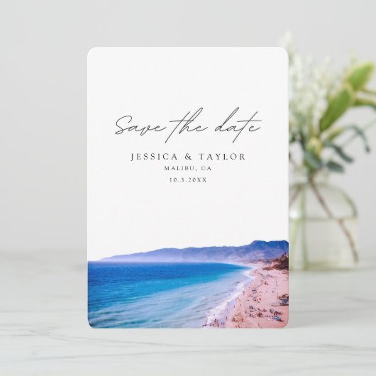 Malibu Bruiloft Save the Date Beach Bruiloft Kaart (Staand voorkant)