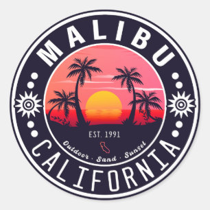 Malibu Ca Retro Zonsondergang Palmbomen Souvenirs  Ronde Sticker