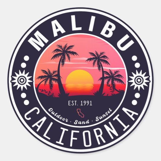 Malibu Ca Retro Zonsondergang Palmbomen Souvenirs  Ronde Sticker (Voorkant)