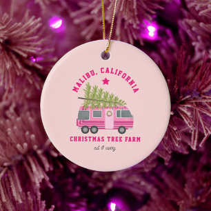 Malibu California Kerstboom Boerderij Roze RV Keramisch Ornament