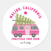 Malibu California Kerstboom Boerderij Roze RV Ronde Sticker (Voorkant)