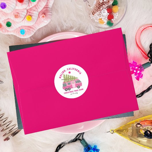 Malibu California Kerstboom Boerderij Roze RV Ronde Sticker