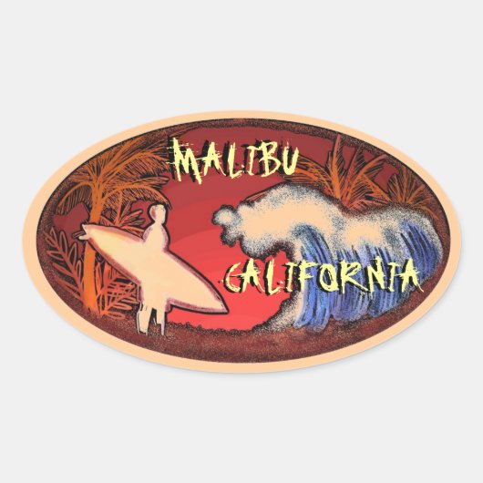 Malibu California perzik surfer golven kunst stick Ovale Sticker (Voorkant)