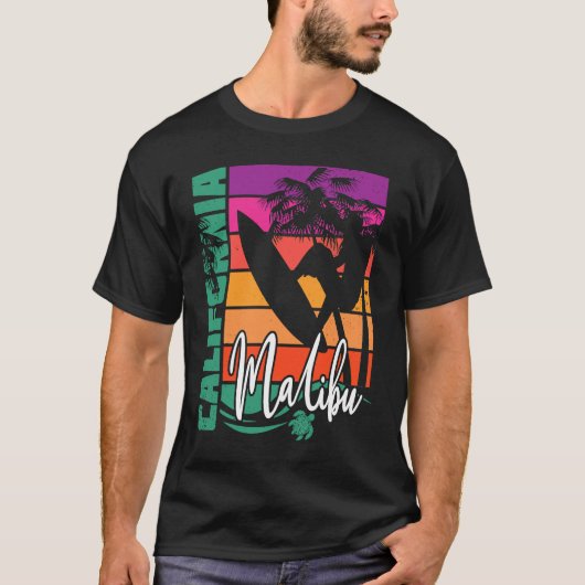 Malibu California Retro Sunset Beach Surfer Surfin T-shirt (Voorkant)