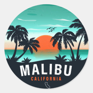 Malibu California Retro Sunset Tropische Souvenirs Ronde Sticker