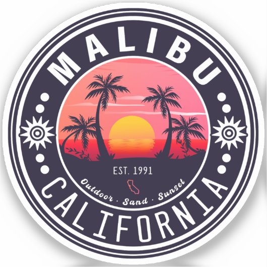 Malibu California Retro Zonsondergang Palmbomen ja Sticker (Voorkant)
