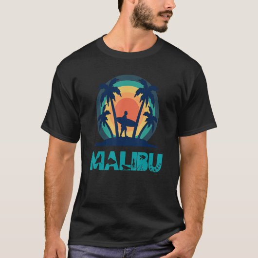 Malibu California Surfing Beach Palm Trees & Re T-shirt (Voorkant)