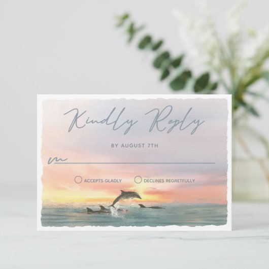 Malibu Dolfijn Zonsondergang Strand Waterverf Brui RSVP Kaartje (Staand voorkant)