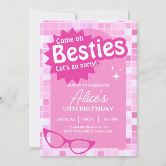 Malibu Doll Besties Strand Verjaardag Roze Glitter Kaart (Voorkant)