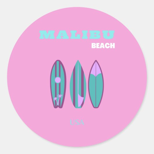 Malibu, Malibu Beach, Californië, Preppy, Roze Ronde Sticker (Voorkant)