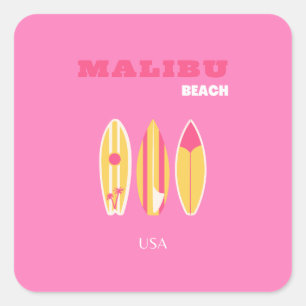 Malibu, Malibu Beach, Californië, Preppy, Roze Vierkante Sticker