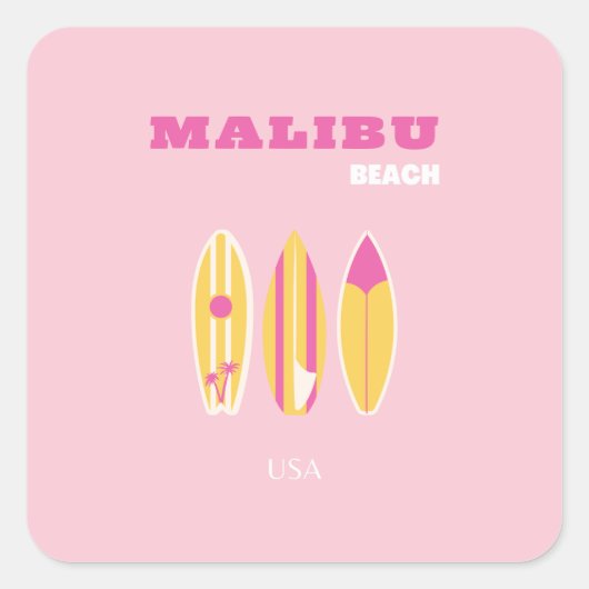 Malibu, Malibu Beach, Preppy, Roze Vierkante Sticker (Voorkant)