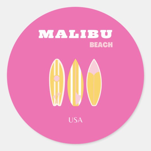 Malibu, Malibu Beach, Reiskunst, Preppy, Roze Ronde Sticker (Voorkant)