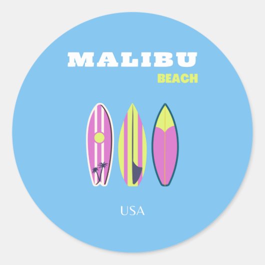 Malibu, Malibu Beach, Tropisch, Preppy, Blauw Ronde Sticker (Voorkant)