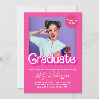 Malibu Retro Pink Doll Afstuderen Invitation Kaart