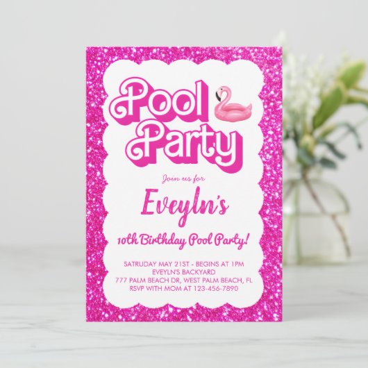 Malibu Roze Pop Uitnodiging voor Poolparty (Staand voorkant)
