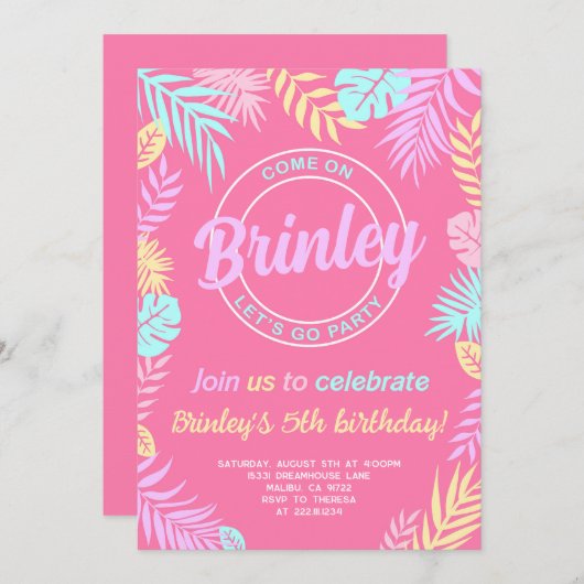 Malibu roze pop verjaardagsfeestje uitnodiging (Voorkant / Achterkant)