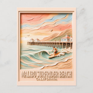 Malibu Surfrider Beach Surfen 3D Textuur Vintage Briefkaart