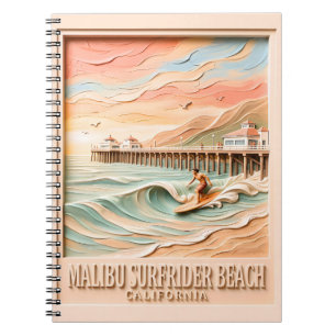 Malibu Surfrider Beach Surfen 3D Textuur Vintage Notitieboek