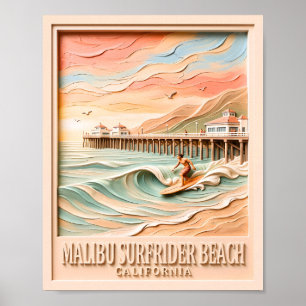 Malibu Surfrider Beach Surfen 3D Textuur Vintage Poster