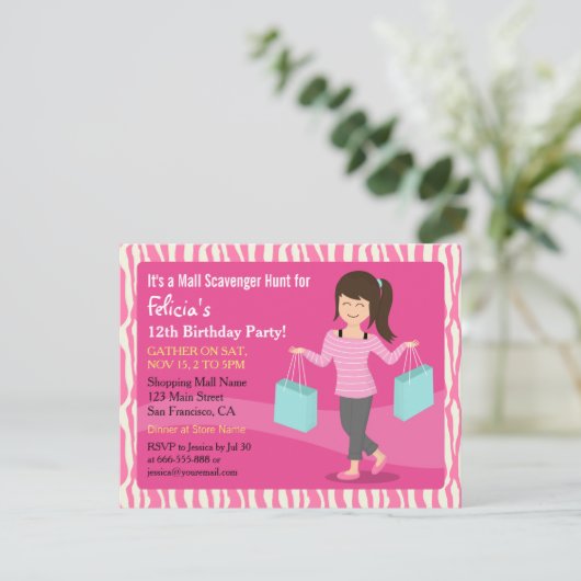 Mall Scavenger Hunt Birthday Party Zebra Print Kaart (Staand voorkant)