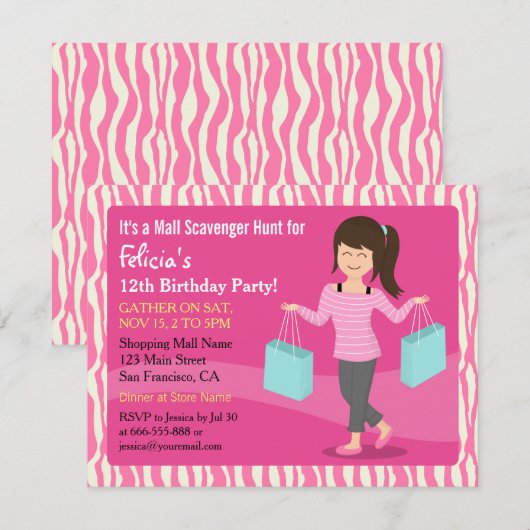 Mall Scavenger Hunt Birthday Party Zebra Print Kaart (Voorkant / Achterkant)