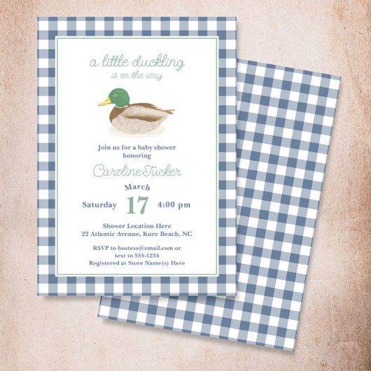 Mallard Duck Blue Plaid Hunting Baby shower Kaart