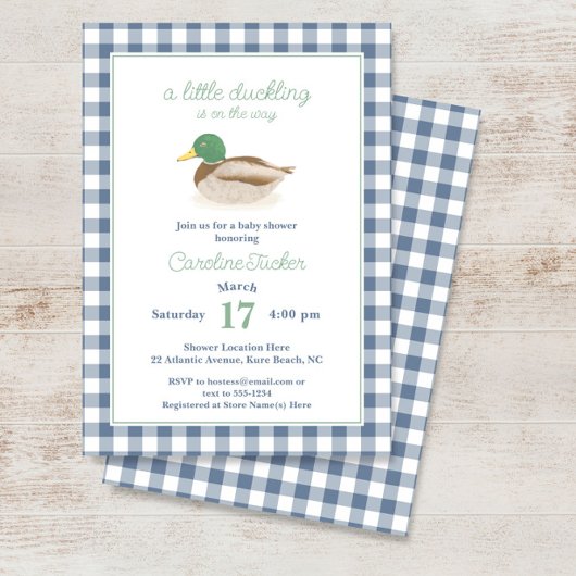 Mallard Duck Blue Plaid Hunting Baby shower Kaart