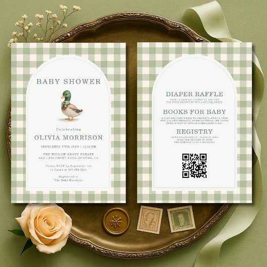 Mallard Duck Gingham All in One Baby Shower Kaart
