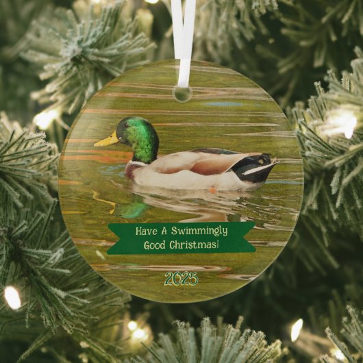 MALLARD DUCK GLIDING ACROSS POND GLAS ORNAMENT (Insitu)