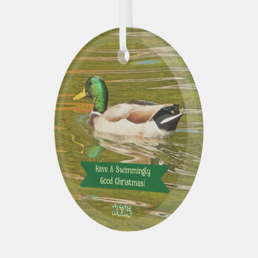 MALLARD DUCK GLIDING ACROSS POND GLAS ORNAMENT (Voorkant links)