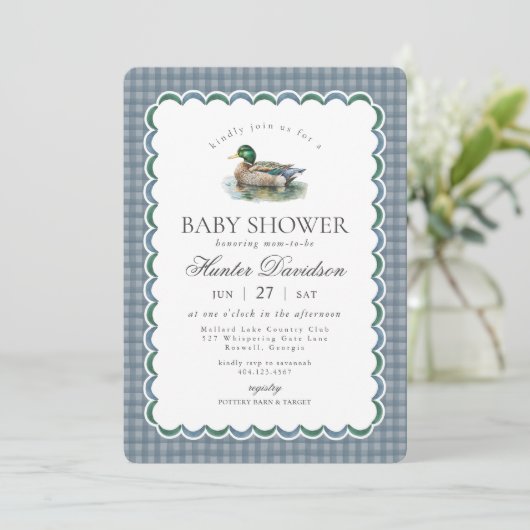 Mallard Duck Hunting Blue Gingham Boy Baby Shower Kaart (Staand voorkant)