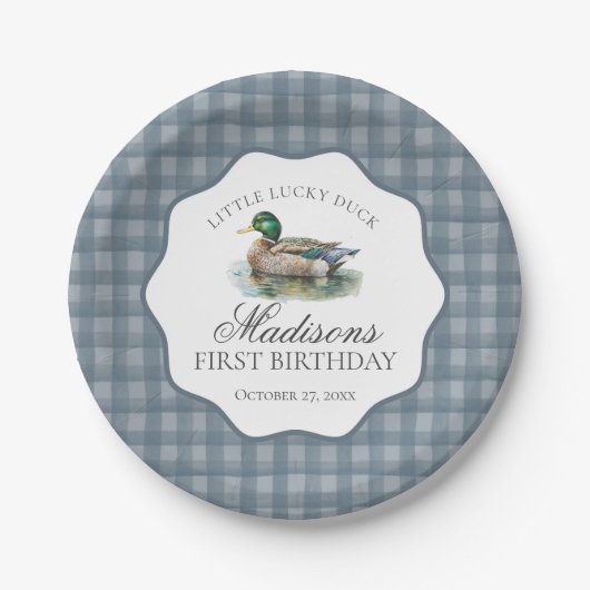 Mallard Duck Hunting Blue Gingham Boy Birthday Papieren Bordje (Voorkant)
