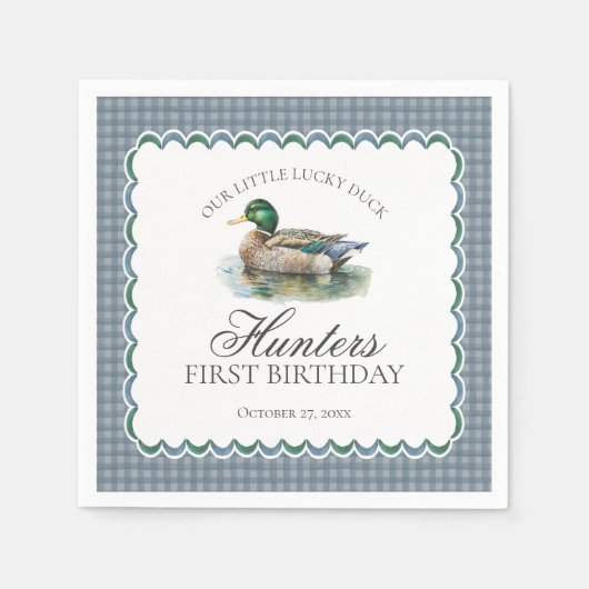 Mallard Duck Hunting Blue Gingham Boy Birthday Servet (Voorkant)