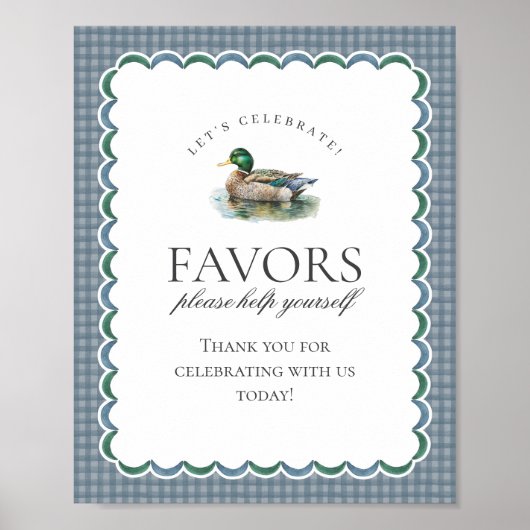 Mallard Duck Hunting Blue Gingham Favors Sign Poster (Voorkant)