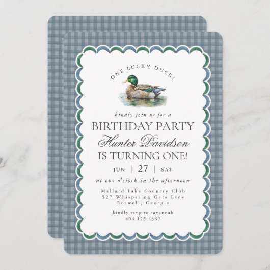 Mallard Duck Hunting Blue Gingham First Birthday Kaart (Voorkant / Achterkant)