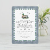Mallard Duck Hunting Blue Gingham First Birthday Kaart (Staand voorkant)