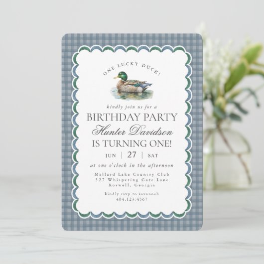 Mallard Duck Hunting Blue Gingham First Birthday Kaart (Staand voorkant)
