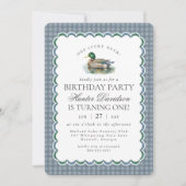 Mallard Duck Hunting Blue Gingham First Birthday Kaart (Voorkant)