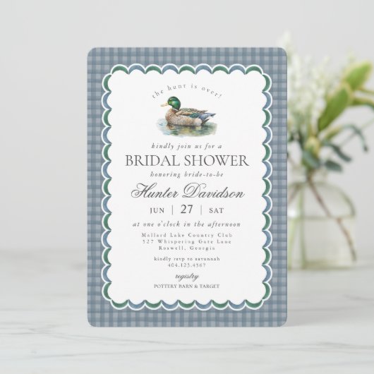 Mallard Duck Hunting Blue Gingham Vrijgezellenfees Kaart (Staand voorkant)