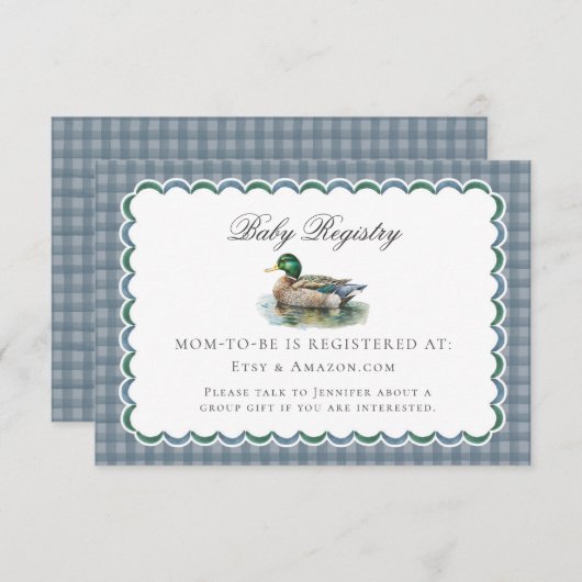 Mallard Duck Hunting Gingham Baby Registry Card Informatiekaartje (Voorkant / Achterkant)