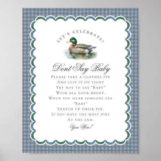 Mallard Duck Hunting Gingham Dont Say Baby Sign Poster (Voorkant)