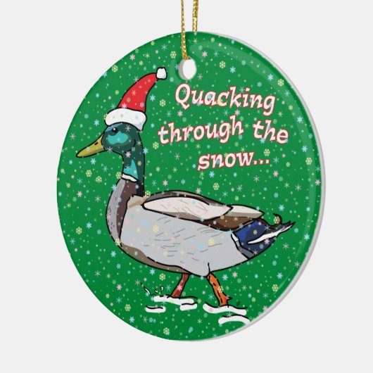 Mallard Duck in Santa Hat Quacking through Snow Keramisch Ornament (Links)