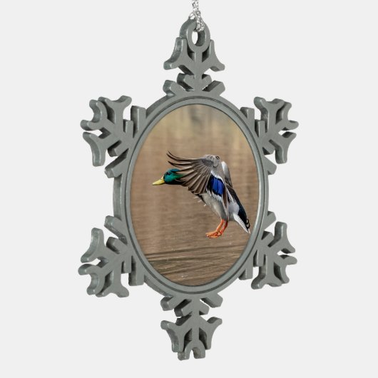 Mallard Duck in vlucht Tin Sneeuwvlok Ornament (Links)