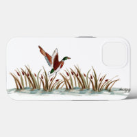 Mallard Duck over Cattails tegen White Sky Cas