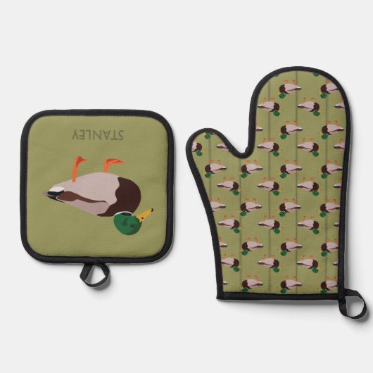 Mallard Duck Realistic Illustralized Personalized Ovenwant & Pannenlap Set (Voorkant)