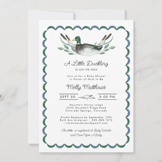 Mallard Duck Waterverf Baby shower Invitation Kaart (Voorkant)