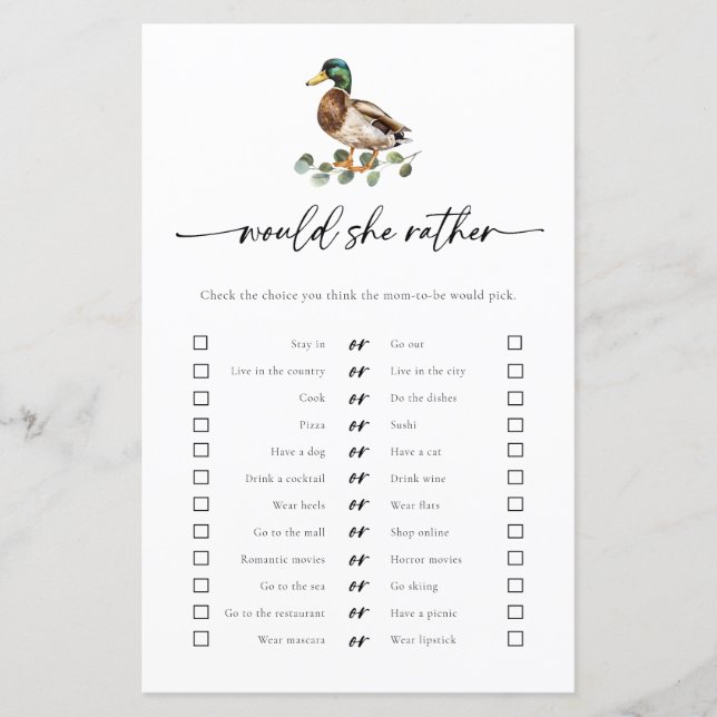 Mallard Duck zou ze liever Baby shower spel (Voorkant)
