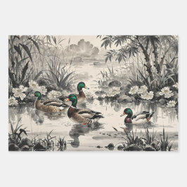 Mallard Ducks Chinese Illustratie Print Inpakpapier Vel